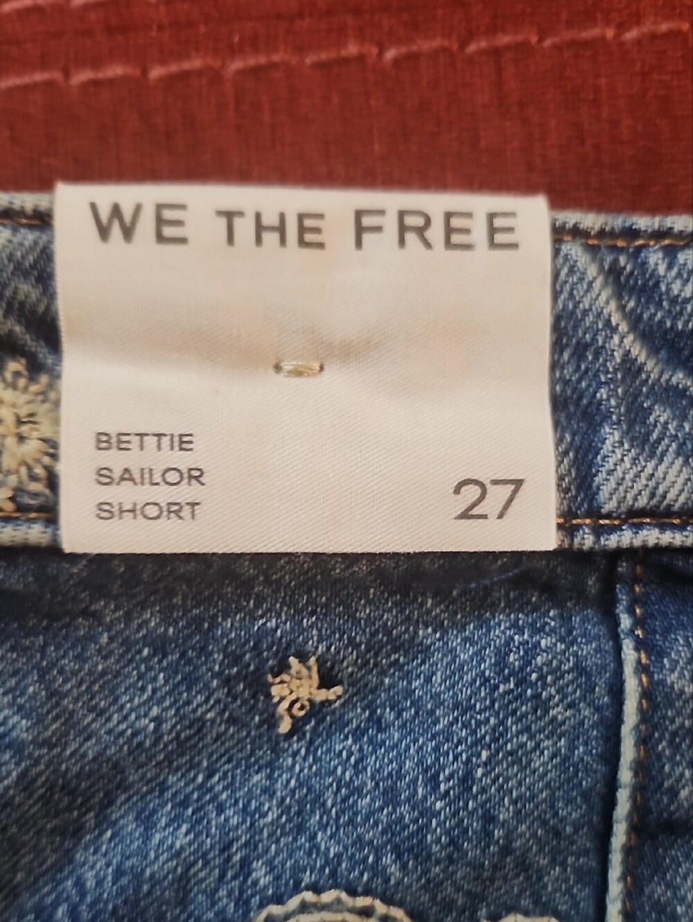 We The Free Blue Denim Shorts with Cream Embroidered Hearts - Picture 4 of 9
